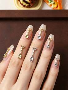 20Pcs Mini Heart Cutlery Nail Charms, 3D Alloy Fork Spoon Nail Art Accessories, Gold/Silver/White K Tiny Tableware For DIY Manicure Decoration - Multicolor - View 2