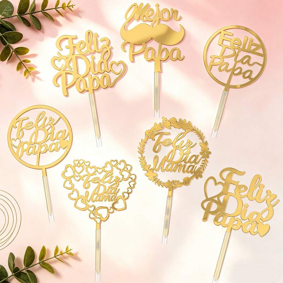 1pc/3pcs Set Golden Acrylic Cake Topper Set - Latin American Father's Day Mother's Day Party Supplies - Multicolor - View 1