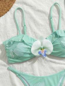 3 Stücke Damen Blumen Muster elegantes sexy rückenfreies Schleife Knoten 3D Blume Bikini Set, geeignet für Strand & Resort Tragen, Frühling/Sommer Urlaub - Kadettenblau - Übersicht 5