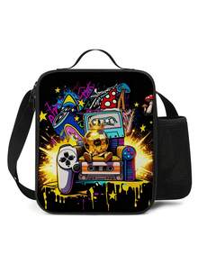 SIX SEVEN 机器人主题保温午餐包，足球图案儿童可重复使用保温午餐盒，返校午餐手提袋，带水壶袋和零食袋，可调节肩带，男女通用 - 單面餐包 - 查看 9