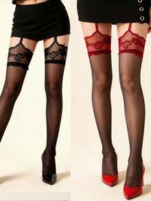 1pc Red Lace Floral Camisole Sheer Stockings, High Elasticity Charming Style, Elegant Alluring Suitable For Special Occasions And Dates - Multicolor - View 11