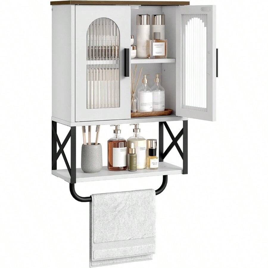 Bathroom Wall Cabinet, Medicine Cabinet With Adjustable Shelf And Towel Bar, Storage Cabinet Wall Mount With 2 Glass Doors, For Bathroom, Kitchen, Living Room, Dining Room, White And Walnut - Default - View 1