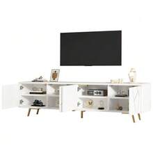 TV Stand For Living Room, 190 X 40 X 51.5 Cm, With 4 Doors, Low Base With 5 Metal Legs, 190 Cm Long, Suitable For Televisions With A Screen Diagonal Of Approximately 85 Inches, White Gold Color. - White - View 10