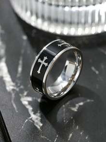 1 chiếc nhẫn nam cổ điển bằng thép không gỉ hình thánh giá, điểm nhấn màu đen, bản rộng, thích hợp làm quà tặng hàng ngày. - màu đen - Xem 2