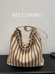 Striped Minimalist Lightweight Large Capacity Foldable Canvas Tote Bag, Versatile Shoulder Bag For Women - Khaki - View 8