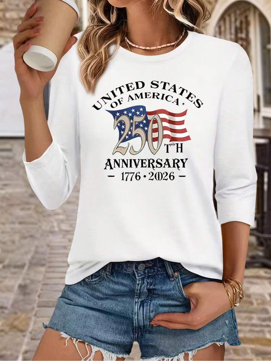 250th Anniversary T-Shirt For Women, Three-Quarter Sleeve, Round Neck T-Shirt, "250th Anniversary Of American Independence 1776-2026" Patriotic Pattern Print Top, Soft And Breathable Fabric, Casual Loose Fit, Showcasing American Pride, Ideal For July 4th And Celebrations. 100Cotton - 白色 - 查看 1