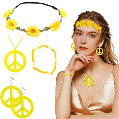 5件套嬉皮士服装配饰套装：波西米亚风格雏菊花冠及配饰——60、70年代复古派对用品及装饰品，完美搭配女士复古主题服装、舞会及角色扮演