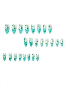24 uñas postizas de flor azul transparente de longitud media, pegatinas de uñas florales azules desmontables, convenientes para uso diario, fiesta y vacaciones - Celeste - Ver 3