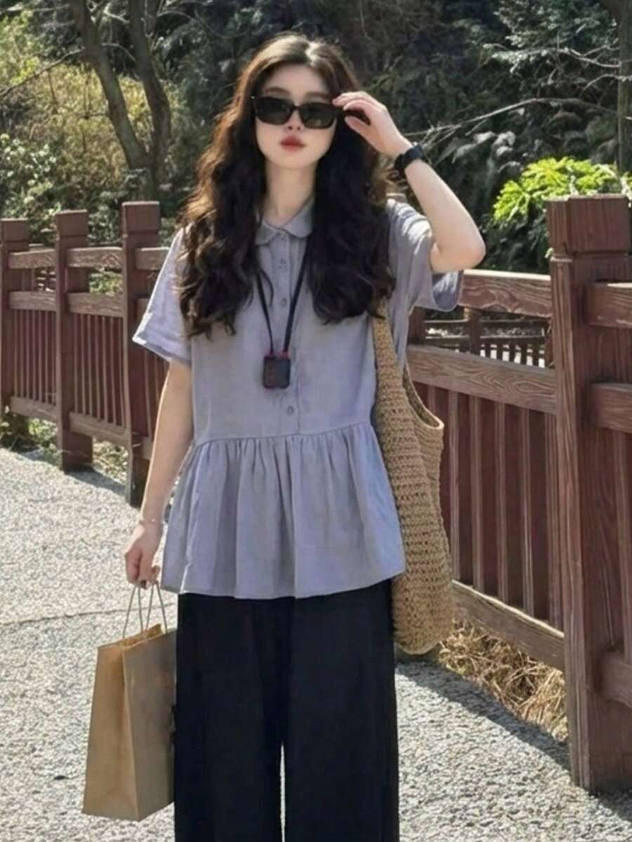 Y6Y新款紫色纽扣前襟蝴蝶结领黑色蝴蝶短袖衬衫,办公服饰 - 紫色 - 查看 1