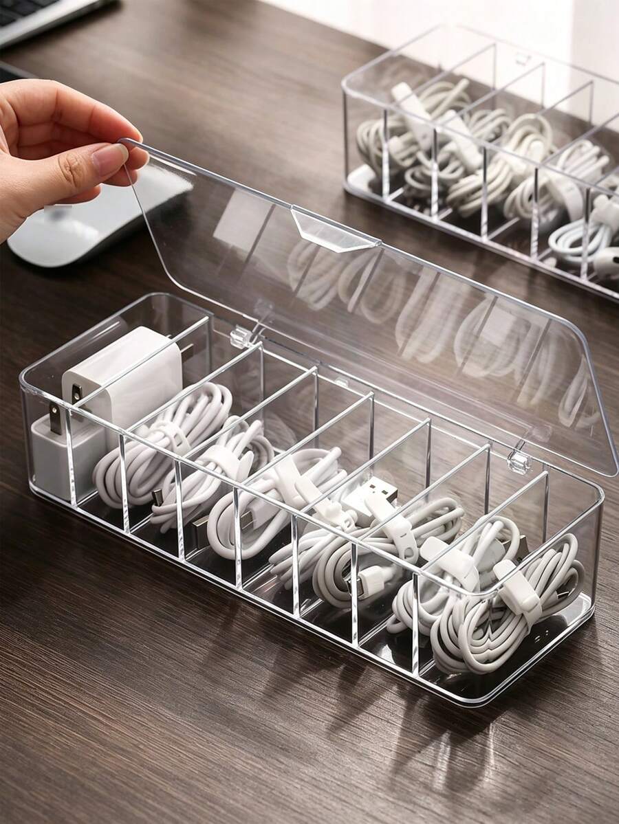 1个带盖抽屉式线缆管理盒，塑料桌面线缆整理器，家用/办公桌电子配件收纳盒，带盖线缆整理盒