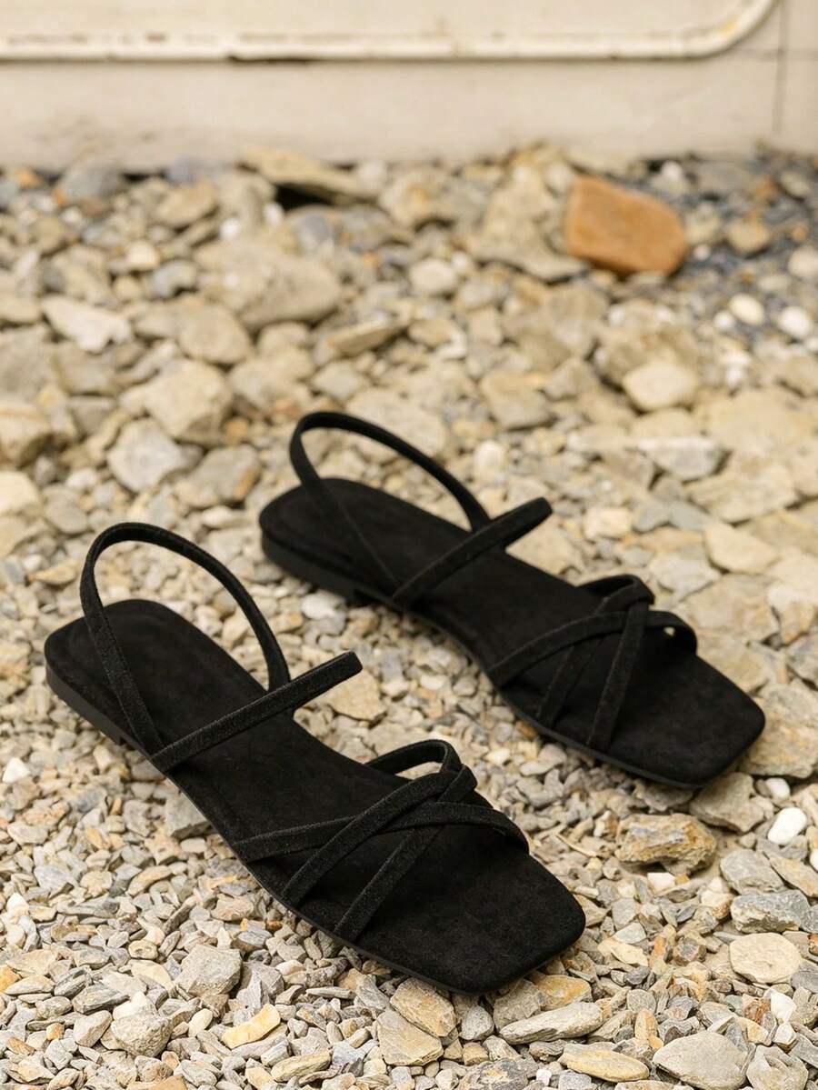 1 Pair Black Flat Sandals For Teenagers, Solid Color Soft Fabric Criss-Cross Strap, Square Toe Open Toe Classic Slip-On Design, Fashionable Lightweight Elegant Flat Sandals Suitable For Teenage Girls, College Students, Daily Casual, Vacation, Commuting, Party, School, Spring New Arrival - Black - View 1