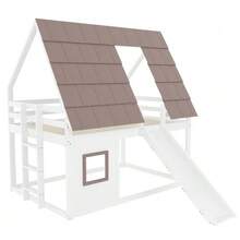 Wooden Bunk Bed Measuring 140 X 200 Cm With Roof, Ladder And Slide, White And Brown. - White - View 7