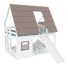 Wooden Bunk Bed Measuring 140 X 200 Cm With Roof, Ladder And Slide, White And Brown. - White - View 1