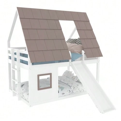 Wooden Bunk Bed Measuring 140 X 200 Cm With Roof, Ladder And Slide, White And Brown. - White - View 1