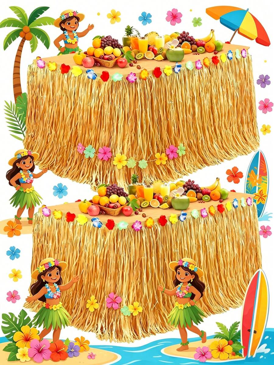 2pcs Hawaiian Grass Table Skirt, Natural Hibiscus Tropical Hawaiian Party Decor, Suitable For Indoor And Outdoor Party Decoration, Wedding Decoration, Summer Party Supplies, Straw Yellow - Yellow - View 1