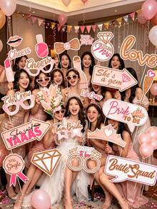 21pcs/Set Rose Gold Bachelor's Party Photo Props Set, Bridal Shower Decorations, Wedding Bridesmaids' Funny Handheld Photo Stickers, Birthday Party Atmosphere Decorations - A - View 1