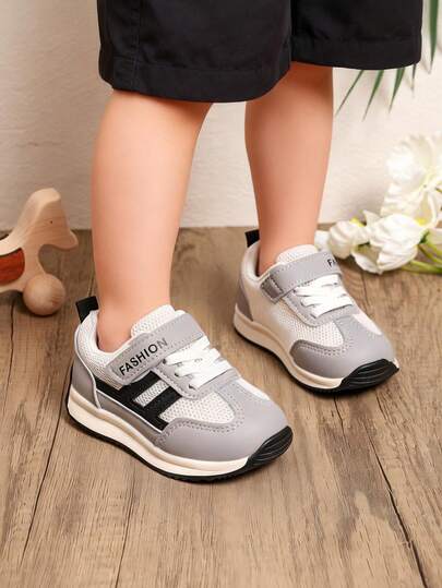 Children's Retro Gray & White Patchwork Sports Shoes, Spring/Autumn New Mesh Print Soft Bottom Casual Sneakers, Suitable For Daily Wear And Outdoor Activities