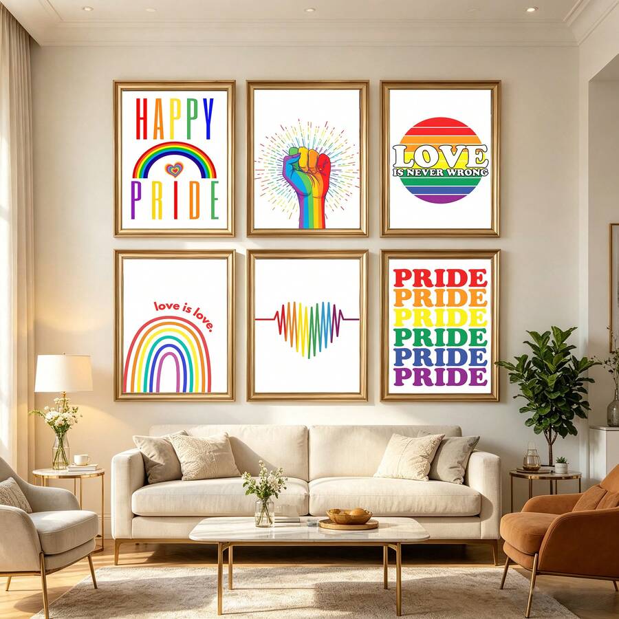 1/6 Stücke/Set LGBTQ+ Pride Leinwand Poster, Regenbogen-Themen Wandkunst Dekoration, lebendiges mehrfarbiges Design, mit den Zitaten "Happy Pride", "Love Is Love", "Love Is Never Wrong", Gleichberechtigung & Inklusion Heimdekoration, Gemälde, moderne Pride Month Wanddekoration, Wohnzimmer Schlafzimmer Apartment Ästhetik Ornament, minimalistischer Regenbogen-Muster, Innenraum Wandbehang Kunst, optional mit Rahmen - Mehrfarbig - Übersicht 1
