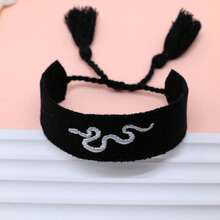 1pc Embroidered Snake Vintage Minimalist Creative Handmade Braided Bracelet, Bohemian Style For Beach, Party, Travel - Black - View 4