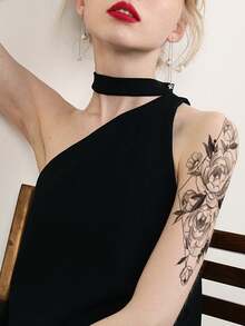 1 hoja de tatuaje temporal impermeable con patrón de peonía oscura y sexy, se puede aplicar en brazos, hombros, espalda, piernas y otras partes, adecuado tanto para hombres como para mujeres, fácil de usar y quitar, apropiado para ocasiones de fiesta. - Negro - Ver 2
