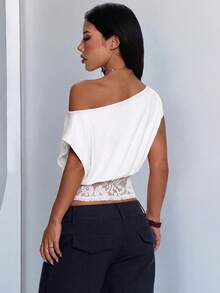 Casual Loose Lace Shoulder Strap Solid Color T-Shirt, Versatile Daily Wear, Summer White - White - View 2