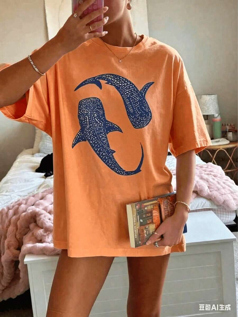 Women's High-Quality T-Shirt Summer Clothing, 2026 Letter Print Summer Women's High-Quality Thick Heavy Oversized Vintage Distressed Pure Cotton Wash - 橘色 - 查看 1