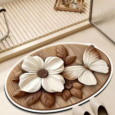 1件装蝴蝶花朵浴室垫，婚礼装饰夏季垫！复古花朵蝴蝶硅藻土，高端易清洁装饰地毯，防滑清凉翻新，适用于客厅、卧室，可水洗快干硅藻土，浴室垫，浴室地毯，门垫，小地毯，地毯，地垫，家居装饰，区域小地毯