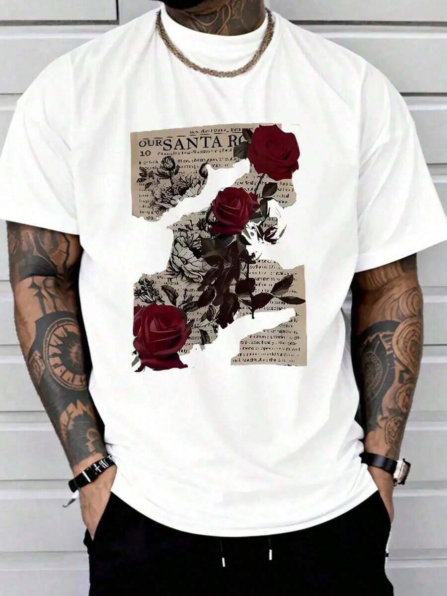 1 Piece, 100% Cotton, Printed T-Shirt With Rose Newspaper Pattern, Casual Seasonal T-Shirt, Cotton Crew Neck Short Sleeve T-Shirt, Outdoor Sports T-Shirt, Christmas And Thanksgiving Gift, Sharpening. - 白色 - 查看 1