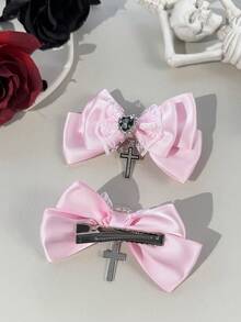 2pcs Gothic Style Pink & White Lace Ribbon, Crystal Heart Cross Accessories, Street Fashion Hair Clips, Suitable For Festival Outfits And Daily Wear For Gothic Enthusiasts,Travel,Party - Pink - View 3