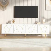 TV Stand For Living Room, 190 X 40 X 51.5 Cm, With 4 Doors, Low Base With 5 Metal Legs, 190 Cm Long, Suitable For Televisions With A Screen Diagonal Of Approximately 85 Inches, White Gold Color. - White - View 3