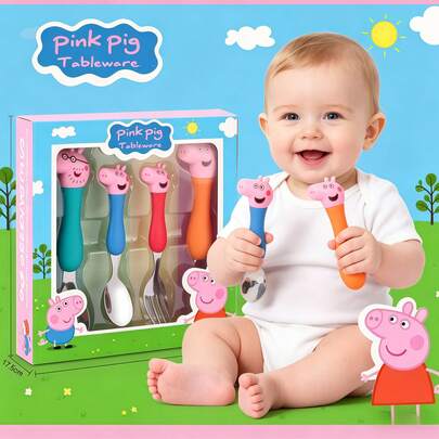 Hasbro Cartoon Cute Pig Theme Children's Dining Utensil Set, Children's Cute Water Cup [With Spoon], Children's School Dining Utensils