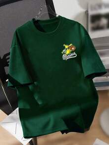 男童卡通棒球香蕉印花圆领短袖T恤，宽松舒适透气，永不过时的夏季之选 - 墨綠色 - 查看 4
