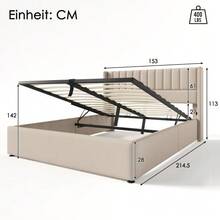 Storage Bed, Upholstered Bed, Hydraulic Double Bed 140x200cm, Wooden Slatted Base, Bed With Metal Slatted Base, Linen, Beige - Beige - View 12