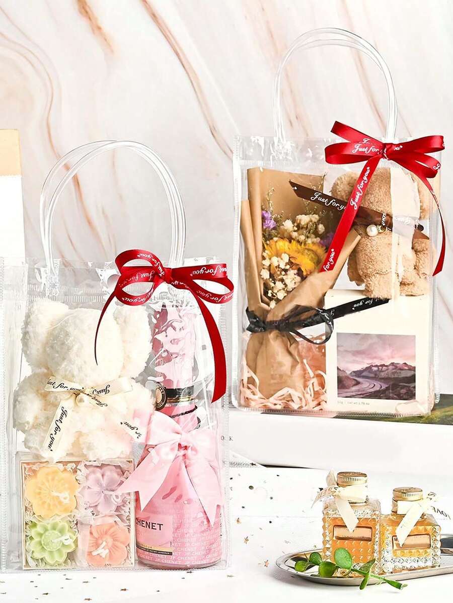 12/24pcs Transparent Plastic Gift Bags With Handles, Reusable Party Gift Bags With Bows, Clear Gift Wrapping Bags, Shopping Bags, Storage Bags For Wedding, Birthday, Party - Multicolor - View 1