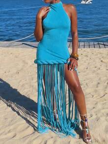 DOUCIU Blue Tassel Twist Knot Backless Bodycon Dress, Suitable For Party, Birthday Events - Blue - View 5