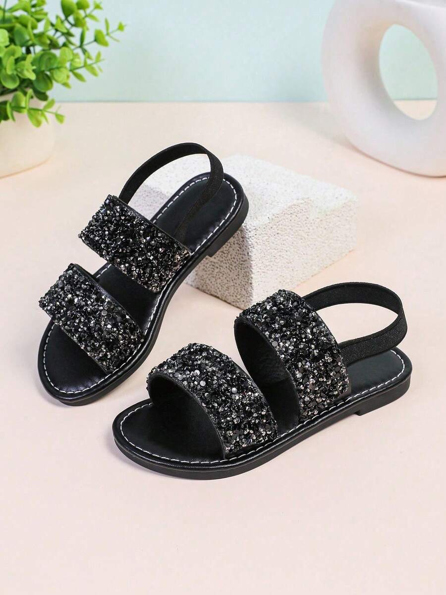 Kids Sequin Sandals, Girls' Summer Korean Style Versatile Princess Shoes, Rhinestone Beach Vacation Soft Bottom Shoes - Black - View 1