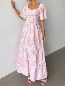 Summer Short Sleeve Beach Vacation Music Festival Pink Ditsy Floral Maxi Dress - Hồng - Xem 6
