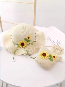 Mũ chống nắng hoa hướng dương cho trẻ em, mũ rơm mùa xuân tươi mát dễ thương kèm túi đựng, vành rộng che nắng. - Hoa hướng dương - Xem 1
