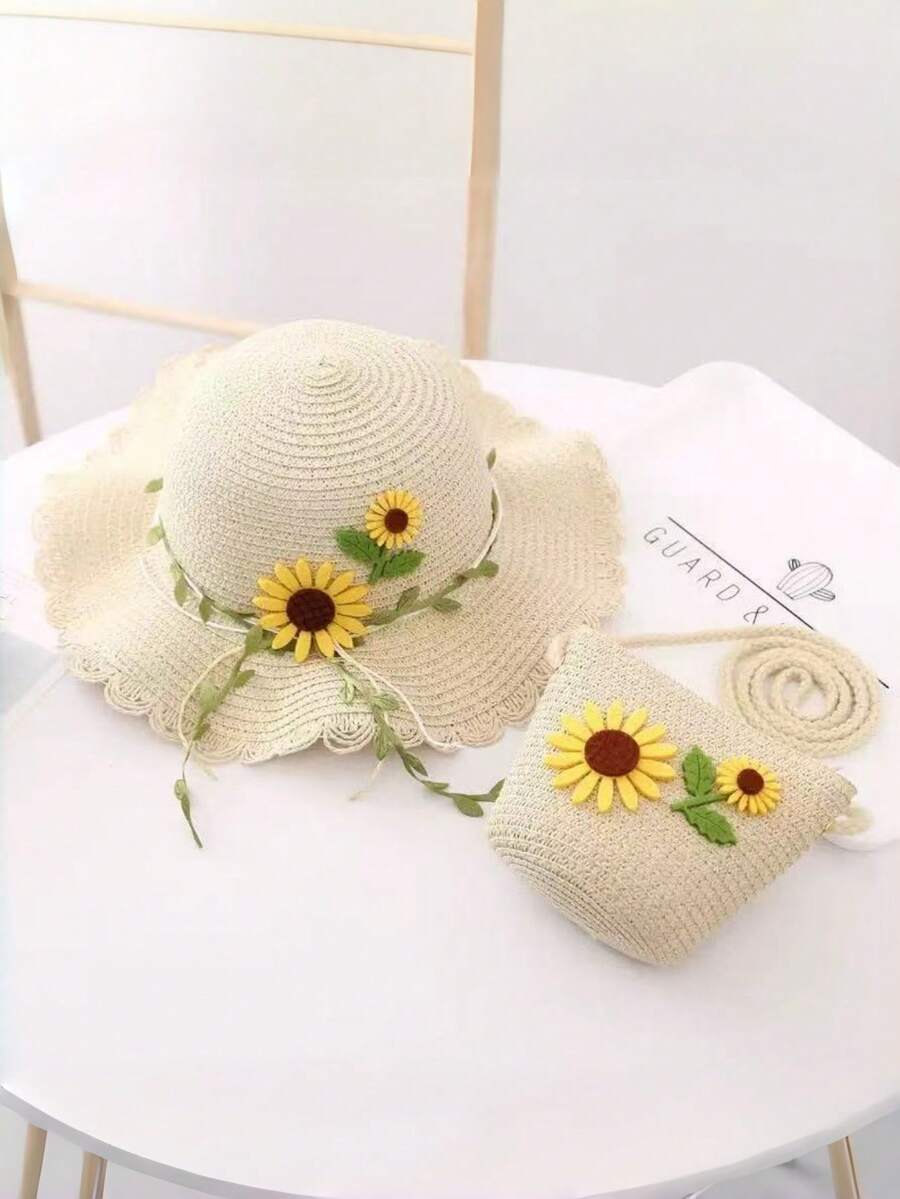 Mũ chống nắng hoa hướng dương cho trẻ em, mũ rơm mùa xuân tươi mát dễ thương kèm túi đựng, vành rộng che nắng. - Hoa hướng dương - Xem 1