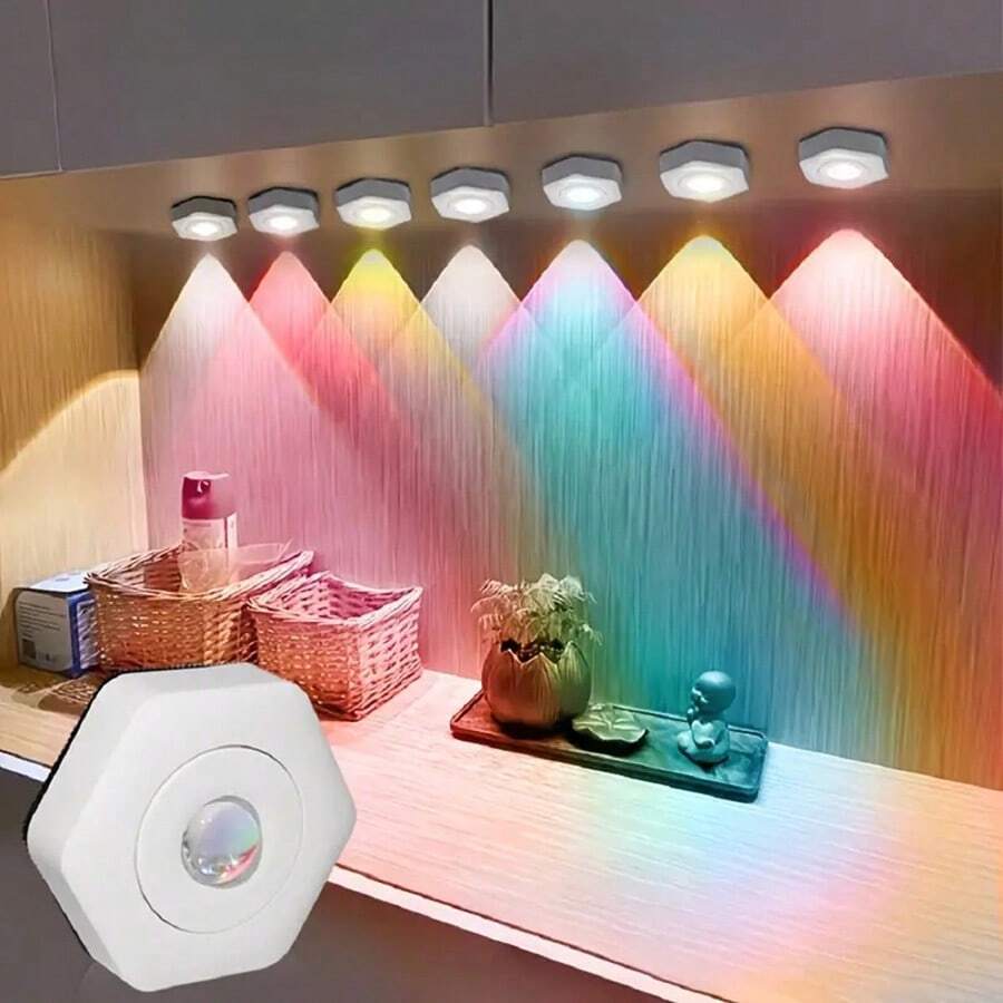 1pc Creative White Hexagonal Cat Eye Sunset Red Projection Sunset Lamp, Battery Powered Cabinet Lighting Wall Lamp, LED Touch Adjustable Sunset Projection Light, Indoor Decor Night Light Auxiliary Lighting Use - Multicolor - View 1