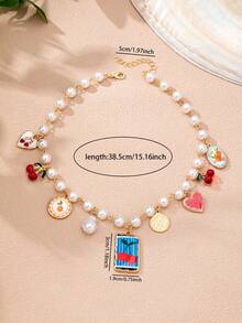 1 Pc Boho Multi Fruit Charm Necklace For Women, Faux Pearl Beaded Chain With Heart And Cherry Pendant, Bohemian Summer Vacation Statement Jewelry - Multicolor - View 3