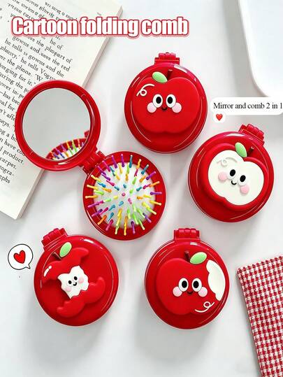 1 chiếc lược kiêm gương trang điểm hình quả táo đỏ hoạt hình dễ thương 2 trong 1, lược massage mini gấp gọn tiện dụng.