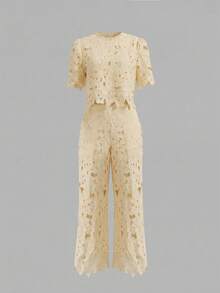 ANCHOSE Women's Elegant Lace Hollow-Out 2-Piece Set: Short Sleeve Top + Wide-Leg Pants, Fashionable Outfit For Daily Wear And Occasions, Light Yellow Summer - Light Yellow - View 2