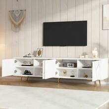 TV Stand For Living Room, 190 X 40 X 51.5 Cm, With 4 Doors, Low Base With 5 Metal Legs, 190 Cm Long, Suitable For Televisions With A Screen Diagonal Of Approximately 85 Inches, White Gold Color. - White - View 4