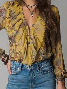 Vintage French Vacation Style Elegant Chiffon Allover Print Deep V-Neck Zipper Ruffle Sleeve Women Blouse Summer - Amarillo - Ver 4