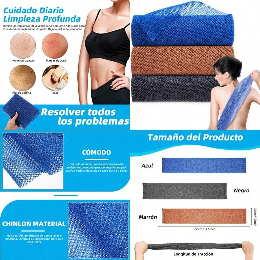 3 Piezas Esponja Baño Africana Esponja de Baño de Red Larga Gran Elasticidad y Facilidad para Eliminar la Suciedad y Las Impurezas Limpia la Piel para Uso Diario Azul and Negro and Marrón - Azul  Negro  Marrn - Ver 1