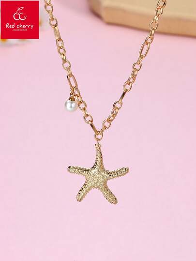 1pc Children's Fashionable Minimalist Ocean World Beach Vacation Style Faux Pearl, Starfish, Shell, Conch Pendant Necklace, Suitable For Daily Wear, Vacation, Gift, Holiday