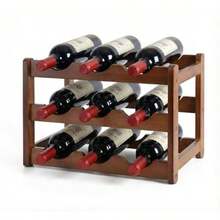 Cava de Vino y Porta Botellas de Madera para 9 Botellas Estante de 3 Niveles Compacto para Encimera de Cocina Bar y Cava de Vino Botellero de Bambú Natural con Diseño Inclinado para Conservación - Amarillomarrn - Ver 9
