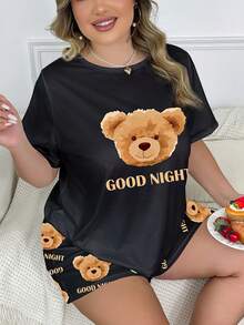 休閒舒適卡通熊印花短袖上衣與短褲 2 件組睡衣套裝，女款大尺碼家居服 - 黑色 - 查看 4
