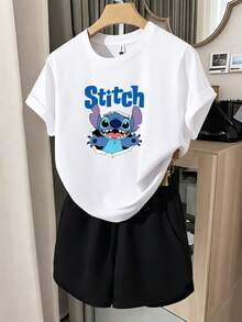 2pcs Tween Girl Disney Lilo & Stitch Ripped Creative Unisex Kids T-Shirt & Shorts Set, Cotton Breathable Summer Casual Versatile Short Sleeve Set, Children's Sporty Style Cartoon Print T-Shirt Set, Suitable For Daily Wear, Versatile And Not Stuffy, Ideal For Spring And Summer Wear, Vacations, Outdoor Activities, Amusement Park Outfits, And Can Also Be Used As Children's Gifts. - Nhiều màu - Xem 2
